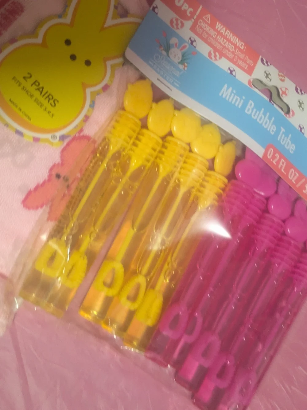 Cute Pink Bunny Socks & Mini Bubble Tubes Set - Pink & Yellow WFree Peep Trinket